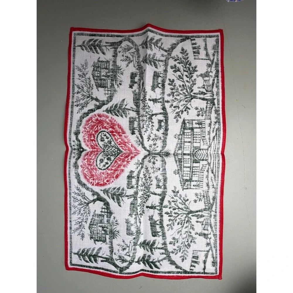 SOLT Vintage Swiss Handprinted Cotton Placemats Set of 2 Alpine Folk Art Heart